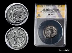 Roman Imperial Gordian III. Antoninianus. 240-243 AD. Rome. (Spink-8617). (Ric-86). (Seaby-121). Rev.: LAETITIA AVG N, Laetitia standing to left with wreath and anchor. Ag. Encpasulada por ANACS como 