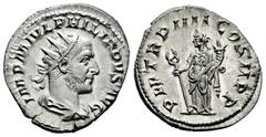 Roman Imperial Philip I. Antoninianus. 247 AD. Rome. (Ric-4). (Spink-8946). (Seaby-136). Rev.: P M TR P IIII COS II P P. Felicity standing left, holding caduceus and cornucopia. Ag. 3,71 g. A good sam