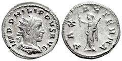 Roman Imperial Philip II. Antoninianus. 247-249 AD. Rome. (Ric-IV 231c). (Rsc-23). Anv.: IMP PHILIPPVS AVG, radiate, draped and cuirassed bust to right. Rev.: PAX AETERNA, Pax standing to left, holdin