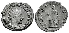Roman Imperial Volusian. Antoninianus. 251-253 AD. Rome. (Ric-141). Anv.: IMP CAE C VIB VOLVSIANO AVG, radiate, draped and cuirassed bust right. Rev.: P M TR P IIII COS II, Emperor standing left, hold