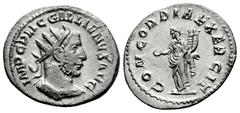 Roman Imperial Gallienus. Antoninianus. 254 AD. Rome. (Ric-181). Anv.: IMP C P LIC GALLIENVS AVG, radiate and cuirassed bust right. Rev.: CONCORDIA EXERCIT, Concordia standing left, holding patera and
