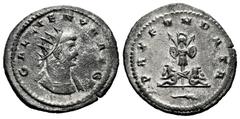 Roman Imperial Gallienus. Antoninianus. 264-265 AD. Antioch. (Ric-V 1.652 var). (Mir-1635d var). (Rsc-769a var). Anv.: GALLIENVS AVG, radiate and cuirassed bust to right. Rev.: PAX FVNDATA, trophy bet