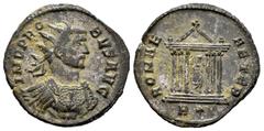 Roman Imperial Probus. Antoninianus. 278 AD. Rome. (Ric-V 2.195). Anv.: IMP PROBVS AVG, radiate and cuirassed bust to right. Rev.: ROMAE AETER, Roma seated facing in hexastyle temple, holding Victory 