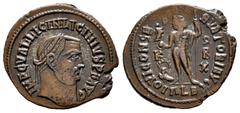 Roman Imperial Licinius I. Nummus. 315-316 AD. Alexandria. (Ric-14). Rev.: IOVI CONSERVATORI AVGG, Jupiter standing facing, head to left, holding Victory on globe and sceptre; at feet, eagle standing 