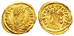 Byzantine Empire Anastasius I. Tremissis. 491-518 AD. Constantinople. (MIBE-12). (Doc-10a). (Sear-8). Anv.: D N ANASTASIVS P P AVC, pearl-diademed, draped and cuirassed bust to right. Rev.: VICTORIA A