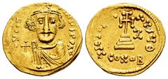 Byzantine Empire Constans II. Solidus. Year IY 7 = 648/9 AD. Constantinople. (Doc-13 var.). (MIB-16a). (Sear-949). Anv.: ∂ N CONSƮANƮINЧS P P AV, bust facing, wearing crown and chlamys, and holding gl