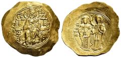 Byzantine Empire John II. Hyperpyron. 1118-1143 AD. Thessalonica. (Sear-1949). Anv.: Christ enthroned facing. Rev.: Facing figure of John, on left, wearing stemma, divitision and loros and holding glo