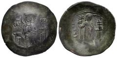 Byzantine Empire Manuel I Comnenus. Aspron Trachy. 11060-1164 AD. Constantinople. (Doc-12a). (Sear-1964). Anv.: The Virgin enthroned facing, holding infant Christ; MHP (ligate)- ΘV across fields. Rev.