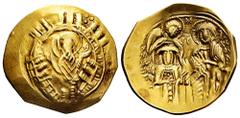 Byzantine Empire Michael VIII Ducas Angelus Comnenus Palaeologus. Hyperpyron. 1261-1282 AD. Constantinople. (Sear-2242). Anv.: Half-length figure of the Theotokos, orans, within city walls with five t