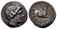 Celtiberian Coins Emporiton-Emporion. Drachm. 200-110 BC. L'Escala, Ampurias (Girona). (Abh-1118). (Acip-193). Anv.: Persephone-Arethusa head right, pellet behind, three dolphins around. Rev.: Pegasus