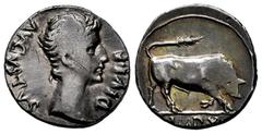 Roman Imperatorial Augustus. Denarius. 15-13 BC. Lugdunum. (Ffc-108). (Ric-167a). (Cal-826). Anv.: AVGVSTVS DIVI. F. bare head of Augustus right. Rev.: IMP. X. in exergue, bull butting right. Ag. 3,85