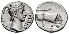 Roman Imperatorial Augustus. Denarius. 15-13 BC. Lugdunum. (Ffc-108). (Ric-167a). (Cal-826). Anv.: AVGVSTVS DIVI. F. bare head of Augustus right. Rev.: (I)MP. X. in exergue, bull butting right. Ag. 3,