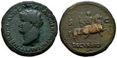 Roman Imperial Nero. Sestertius. 65 d.C. Lugdunum. (Ric-I 397). (Bmcre-31/13). Anv.: NERO CLAVD CAESAR AVG GER P M TR P IMP P P, laureate head to left, globe at point of bust. Rev.: Emperor on horseba