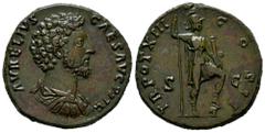 Roman Imperial Marcus Aurelius. Sestertius. 158-159 d.C. Rome. (Ric-III 1349b). (Bmcre-2086). (C-748). Anv.: AVRELIVS CAES AVG PII F, bare headed, draped, and cuirassed bust right. Rev.: TR POT XIII C