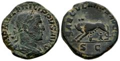 Roman Imperial Philip I. Sestertius. 248 d.C. Rome. (Ric-IV 159). (C-179). Anv.: IMP M IVL PHILIPPVS AVG, laureate, draped and cuirassed bust to right. Rev.: SAECVLARES AVGG, she-wolf standing to left