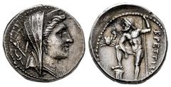 Greek Coins Bruttium. Second Punic War. Drachm. 216-214 BC. The Brettii. (Hgc-1, 1357). (HN Italy-1969). Anv.: Veiled head of Hera Lakinia to right, wearing polos; sscepter over shoulder and torch to 