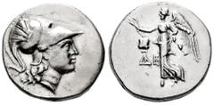 Greek Coins Pamphylia. Side. Tetradrachm. 205-100 BC. (Sng BN-674-6). (Sng von Aulock-4786). Anv.: Head of Athena right, wearing crested Corinthian helmet. Rev.: Nike advancing left, holding wreath in