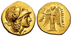 Greek Coins Kingdom of Macedon. Alexander III, "The Great". Stater. 332-323 BC. Salamis. (Price-3128). (Müller-182). (Hgc-3.1,893k). Anv.: Head of Athena to right, wearing triple-crested Corinthian he