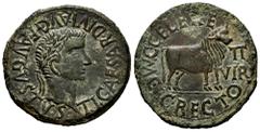 Celtiberian Coins Calagurris. Time of Tiberius. Unit. 14-36 BC. Calahorra (La Rioja). (Abh-430). (Acip-3130). Anv.: TI. CAESAR. DIVI. AVG. F.AVGVSTVS. Laureate head of Tiberius right. Rev.: Bull right