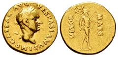 Roman Imperial Vespasian. Aureus. 69-70 AD. Tarraco. (Ric-II 1.1297). (Bmcre-350). (C-270). Anv.: IMP CAESAR AVG VESPASIANVS, laureate head to right. Rev.: Mars advancing to right, holding spear and t