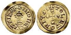 Visigothic Coins Witiza (698-710). Tremissis. Toleto (Toledo). (Cnv-611.1). (R. Pliego-445 var.). Anv.: +IHDIHEVVITTIZAP+. Rev.: + TOLETOPIVS (Palma). Au. 1,49 g. Four 8-pointed stars flanking the cro