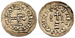 Visigothic Coins Witiza (698-710). Tremissis. Egitania (Danha-a-Velha). (Cnv-614.1). (R. Pliego-785 var.). Anv.: + NDNMEVVITTIZAP+. Rev.: + EGITANIA PIVS. Cross on three steps, palms on both sides. Au