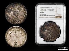 Chile Chile. 1 peso. 1838. Santiago. MS. (Km-170.4). Ag. Rare in this grade. Wholesome and beautiful example nicely struck details. Only slight wear is seen on the highest elements of design, with nea