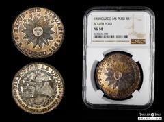 Peru Peru. 8 reales. 1838. Cuzco. MS. (Km-170.4). Ag. Beautiful old cabinet tone with some underlying luster. Very attractive. Slabbed by NGC as AU 58. Ex Áureo&Calicó Selección (17/03/2022), lot 482.
