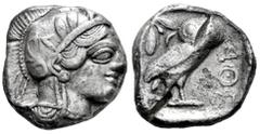 Greek Coins Attica. Athens. Tetradrachm. 454-404 a.C. (Kroll-8). (Dewing-1591/8). (Sng Cop-31). Anv.: Head of Athena to right, wearing crested Attic helmet ornamented with three olive leaves above vis