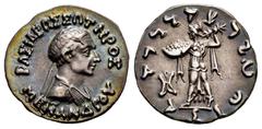 Greek Coins Kings of Bactria. Menander I Soter. Drachm. 165/155-130 a.C. (Sng Ans-822/41). Anv.: BAΣIΛEΩΣ ΣΩTHPOΣ MENANΔPOY, diademed and draped bust right. Rev.: Athena Alkidemos advancing left, shie