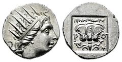 Greek Coins Caria. Rhodes. Drachm. 88-84 d.C. Plinthophoric' coinage, Menodoros, magistrate. (Jenkins-Rhodian, Group E, 247). (Hgc-6, 1461). Anv.: Radiate head of Helios to right. Rev.: ΜΗΝΟΔΩΡΟΣ / P 