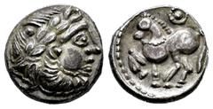 Greek Coins Celts in Eastern Europe. Drachm. Siglo III a.C. Kugelwange type. (Göbl-OTA pl. 17, 204/2). (Lanz-507). Anv.: Celticised, laureate and bearded head to right. Rev.: Horse prancing to left; p