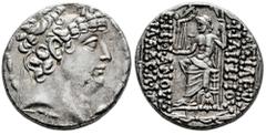 Greek Coins Seleukid Kingdom. Philip I Philadelphos. Tetradrachm. 88 a.C. Antioch. (SC-2463). Anv.: Diademed head to right. Rev.: ΒΑΣΙΛΕΩΣ ΦΙΛΙΠΠΟV ΕΠΙΦΑΝΟVΣ ΦΙΛΑΔΕΛΦΟV. Zeus Nikephoros seated left on