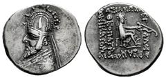 Greek Coins Kingdom of Parthia. Sinatrukes. Drachm. 93-69 a.C. Rhagai. (Sellwood-33.4). (Shore-114). Anv.: Diademed and draped bust to left, wearing tiara. Rev.: BAΣIΛEΩΣ MEΓAΛOV APΣAKOY ΘEOΠATPOY NIK