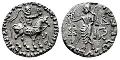 Greek Coins Indo-Skythians. Azes I. Drachm. 58-12 a.C. (Senior-105.375D). (Hgc-12,655). Anv.: Azes on horseback to right, wearing cataphractus and holding whip aloft; Karosthi letter before horse. Rev
