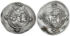 Greek Coins Sassanid Empire. Khusro II. Drachm. RY 5. WH (Veh-Ardashir). (Göbl-II/2). Ag. 4,05 g. VF. Est...45,00. Spanish description: Imperio Sasánida. Khusro II. Dracma. RY 5. WH (Veh-Ardashir). (G