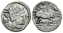 Celtiberian Coins Baskunes-Barskunes. Denarius. 120-20 BC. Pamplona. (Abh-215). (Acip-1630). Anv.: Bearded head right, iberian legend BENKODA behind. Rev.: Horseman right, holding sword, iberian legen