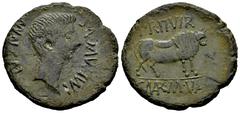 Celtiberian Coins Calagurris. Augustus period. Unit. 27 BC - 14 AD. Calahorra (La Rioja). (Abh-415). (Acip-3121). Anv.: MVN. CALAG. IMP. AVGVSTVS. Bare head of Augustus right. Rev.: Bull right, PR. II