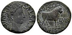 Celtiberian Coins Kelse-Celsa. Augustus period. Unit. 27 BC - 14 AD. Velilla de Ebro (Zaragoza). (Abh-809). (Acip-3164). Anv.: AVGVSTVS. DIVI. F. Laureate head of Augustus right. Rev.: Bull standing r