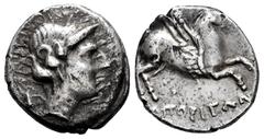 Celtiberian Coins Emporiton-Emporion. Drachm. 200-110 BC. L'Escala, Ampurias (Girona). (Villaronga VII-488, Plate coin). (Abh-1108). (Acip-225). Anv.: Persephone-Arethusa head right, three dolphins ar