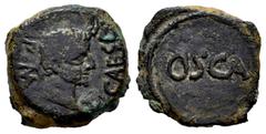 Celtiberian Coins Osca. Time of Tiberius. Cuadrante. 14-36 AD). Huesca. (Abh-1940). Anv.: TI. CAESAR. P.M. around laureate head of Tiberius right. Rev.: In the center,OSCA. Ae. 3,34 g. Rare. Almost VF