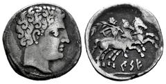 Celtiberian Coins Kese. Drachm-Denarius. 220-200 BC. Tarragona. (Abh-2265). (Acip-1122). (C-17). Anv.: Male head right. Rev.: Horseman right, holding palm, leading a second horse, iberian legend KESE 