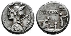 Roman Republican Licinius. P. Licinius Nerva. Denarius. 113-112 BC. Uncertain mint. (Ffc-802). (Craw-292/1). (Cal-888). Anv.: Diademed head of Roma left, holding spear and shield, X before, crescent a