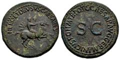 Roman Imperial Nero and Drusus. Dupondius. 40-41 d.C. Rome. (Ric-I 49). (Bmcre-70). (C-1). Anv.: NERO ET DRVSVS CAESARES, Nero and Drusus on horseback riding to right, cloaks flying. Rev.: C•CAESAR DI