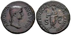 Roman Imperial Antonia. Dupondius. 41-50 d.C. Rome. (Ric-I 92 Claudius). (Bmcre-166). Anv.: ANTONIA AVGVSTA, draped bust to right. Rev.: TI CLAVDIVS CAESAR AVG P M TR P IMP, Claudius standing to left,