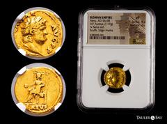 Roman Imperial Nero. Aureus. 65-66 d.C. Rome. (Ric-I 59). (Bmcre-87/9). (Cal-443a). Anv.: NERO CAESAR AVGVSTVS, laureate head to right. Rev.: Salus seated to left on throne, holding patera; SALVS in e