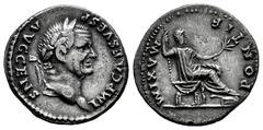 Roman Imperial Vespasian. Denarius. 73 d.C. Rome. (Ric-II 2, 545). (Bmcre-19). (Rsc-387). Anv.: IMP CAES VESP AVG CENS, laureate head to right. Rev.: PONTIF MAXIM, Vespasian seated to right on curule 