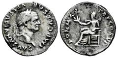 Roman Imperial Vespasian. Denarius. 75 d.C. Rome. (Ric-II 1.772). (Bmcre-161). (Rsc-366). Anv.: IMP CAESAR VESPASIANVS AVG, laureate head to right. Rev.: PON MAX TR P COS VI, Pax seated to left, holdi