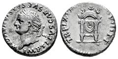 Roman Imperial Titus. Denarius. 80 d.C. Rome. (Ric-II 1.123). (Rsc-311). Anv.: IMP TITVS CAES VESPASIAN AVG P M, laureate head to left. Rev.: TR P IX IM(P XV COS) VIII P P, throne with round back, on 