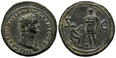 Roman Imperial Domitian. Sestertius. 85 d.C. Rome. (Ric-II 258). (Bmcre-299). (C-488). Anv.: IMP CAES DOMITIAN AVG GERM COS XI. Laureate head right, aegis on far shoulder. Rev.: Emperor standing left,
